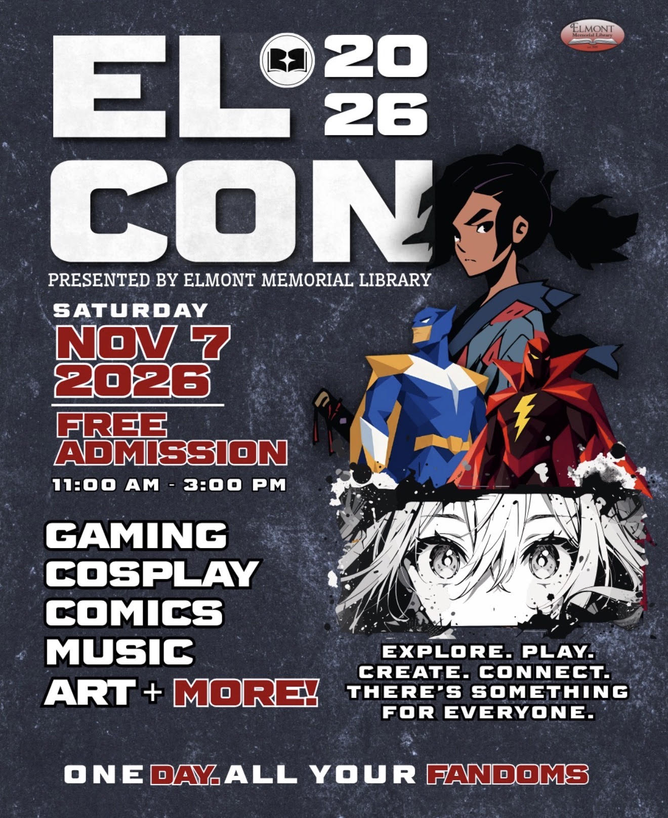 EL CON 2026 flyer for Saturday, November 7, 2026 at the Elmont Memorial Library
