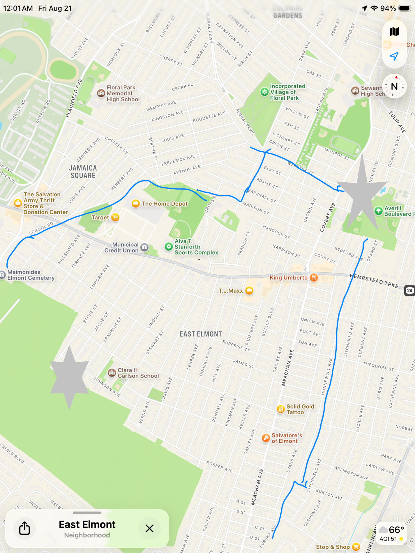 Map of the Elmont East End Civic Association boundaries outlined in blue around the East Elmont neighborhood