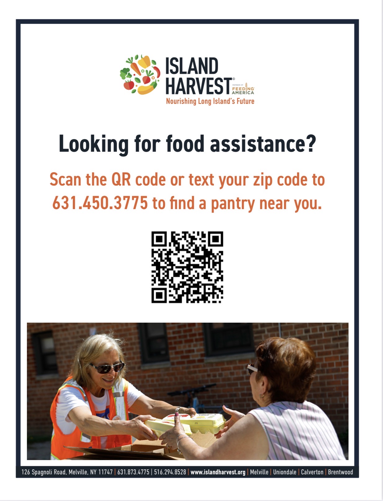 Island Harvest food assistance flyer with QR code and text number
