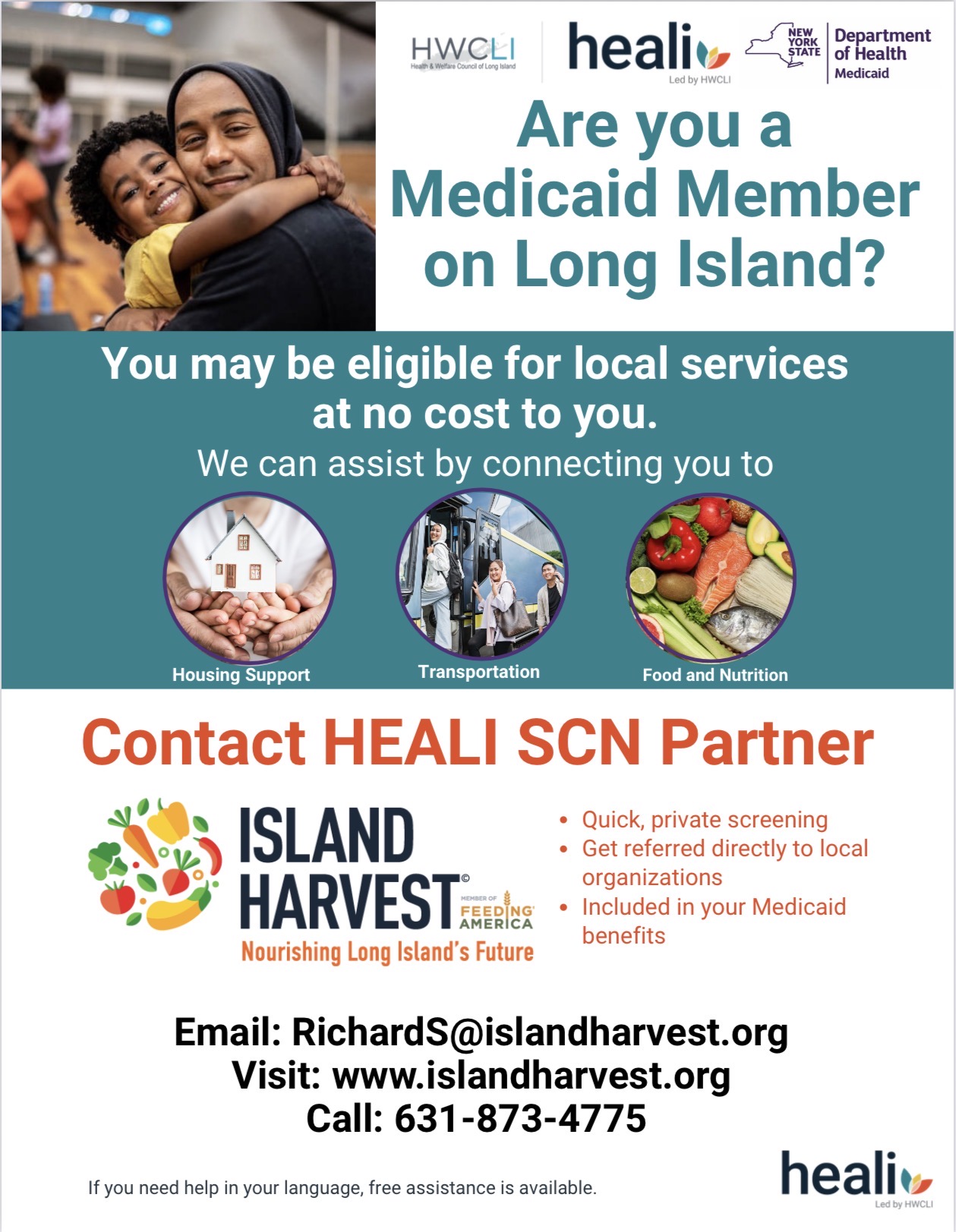 HEALI Medicaid member services flyer for Long Island