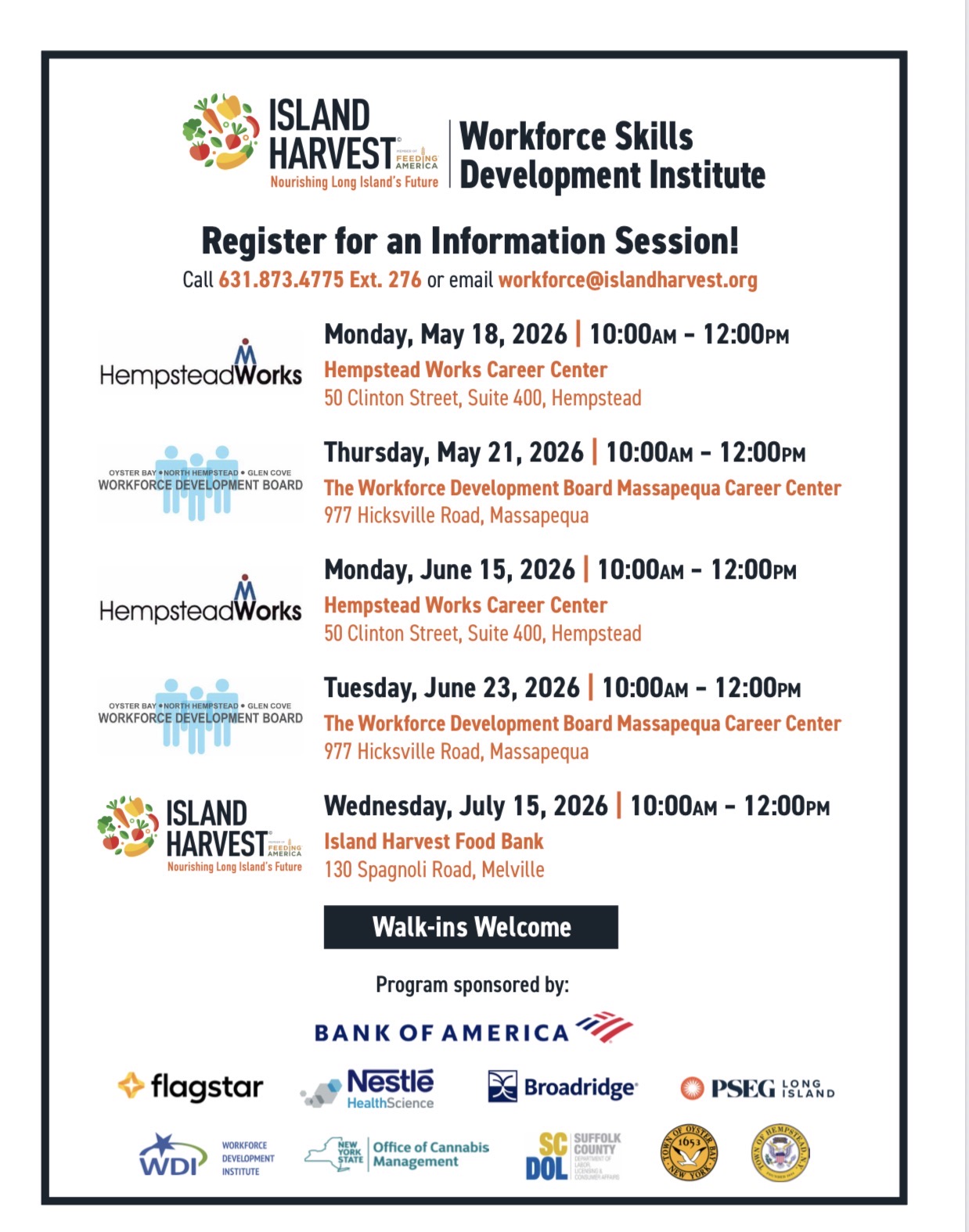 Island Harvest workforce skills development information sessions flyer